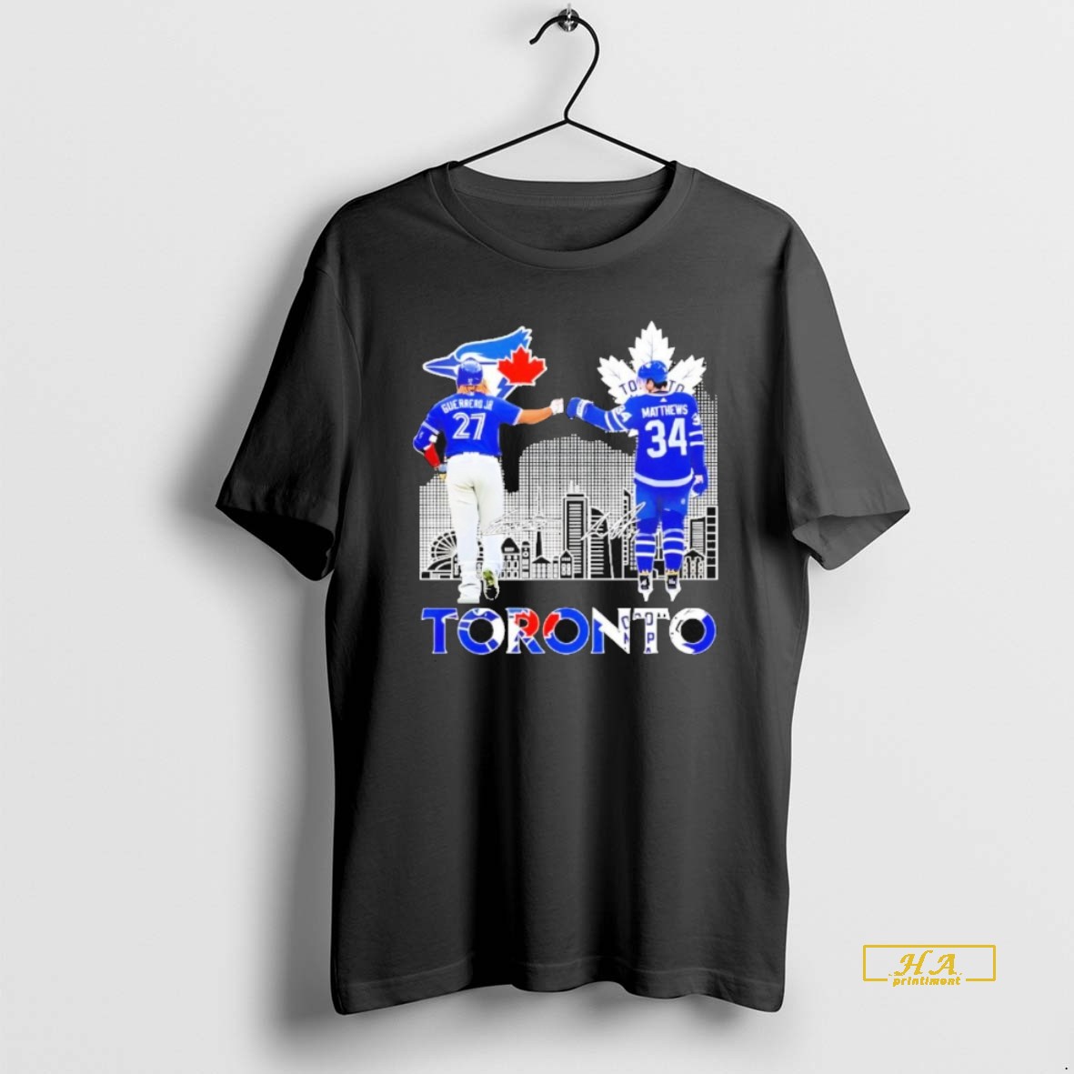 Official Auston Matthews Maple Leafs Vs Vladimir Guerrero Jr Blue Jays Signatures Shirt