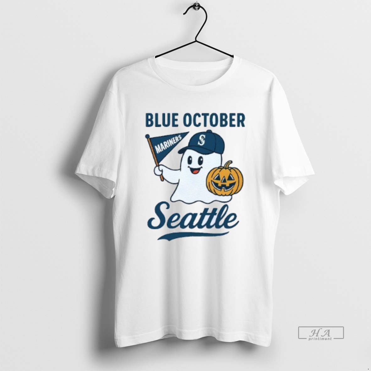 Official Blue October Ghost Seattle Mariners Halloween Mens White Tee T Shirt