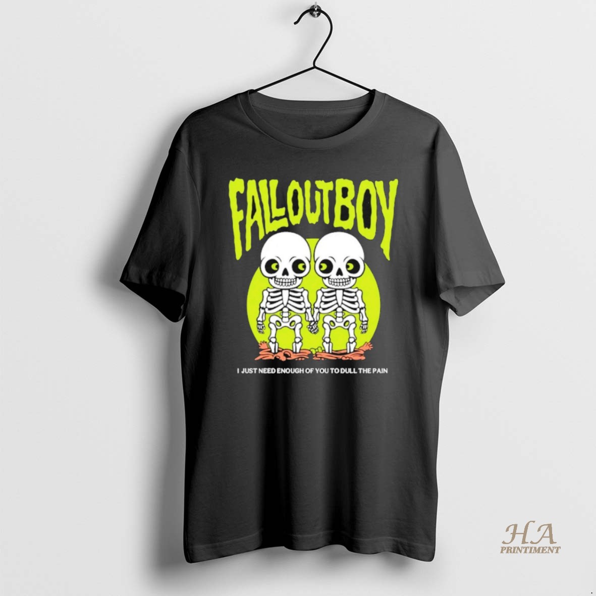 Official Fall Out Boy Merch Tee Twin Skeleton I Just Need Enough Of You To Dull The Pain Shirt