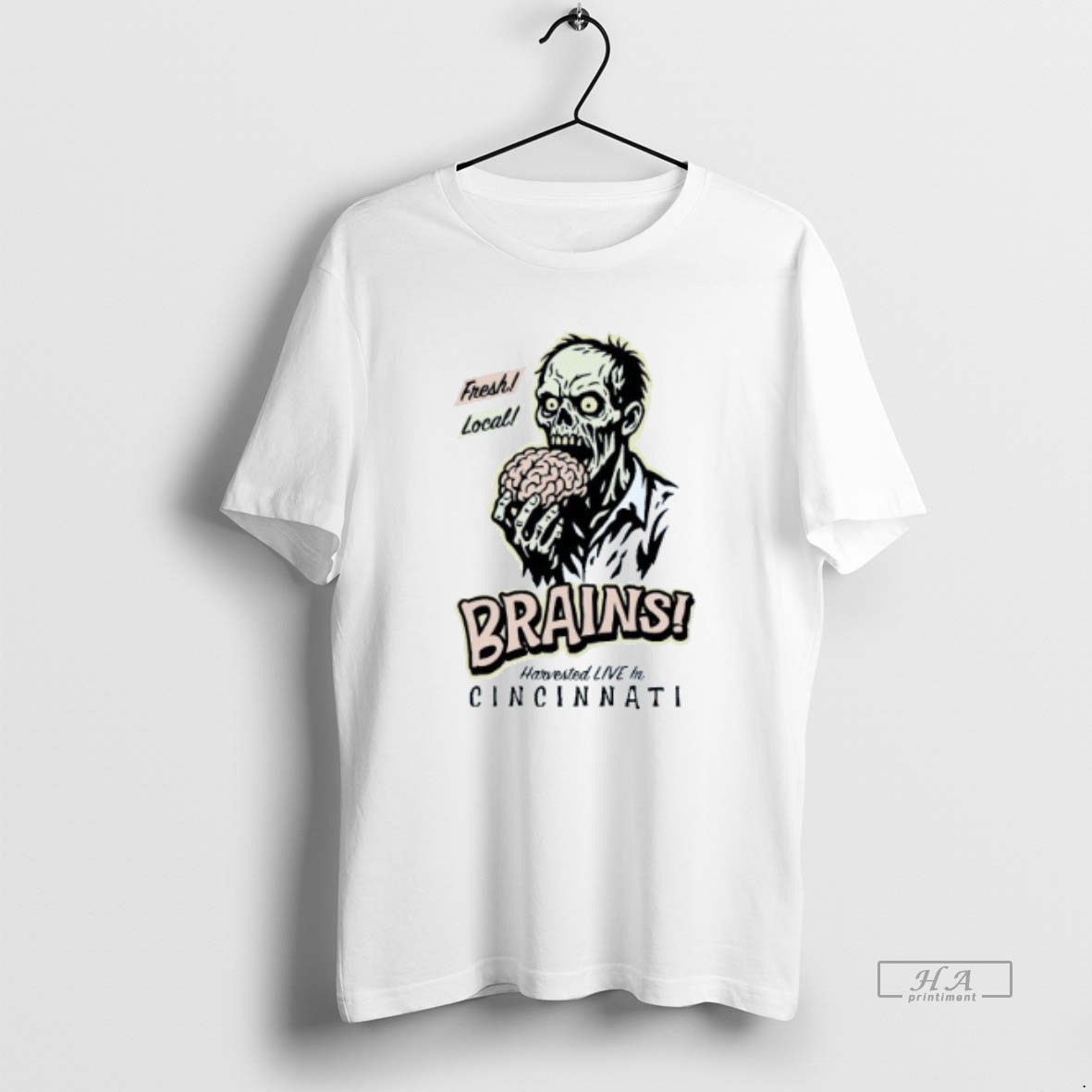 Official Fresh Local Brains Zombie Harvested Live In Cincinnati Halloween Mens White Tee T Shirt