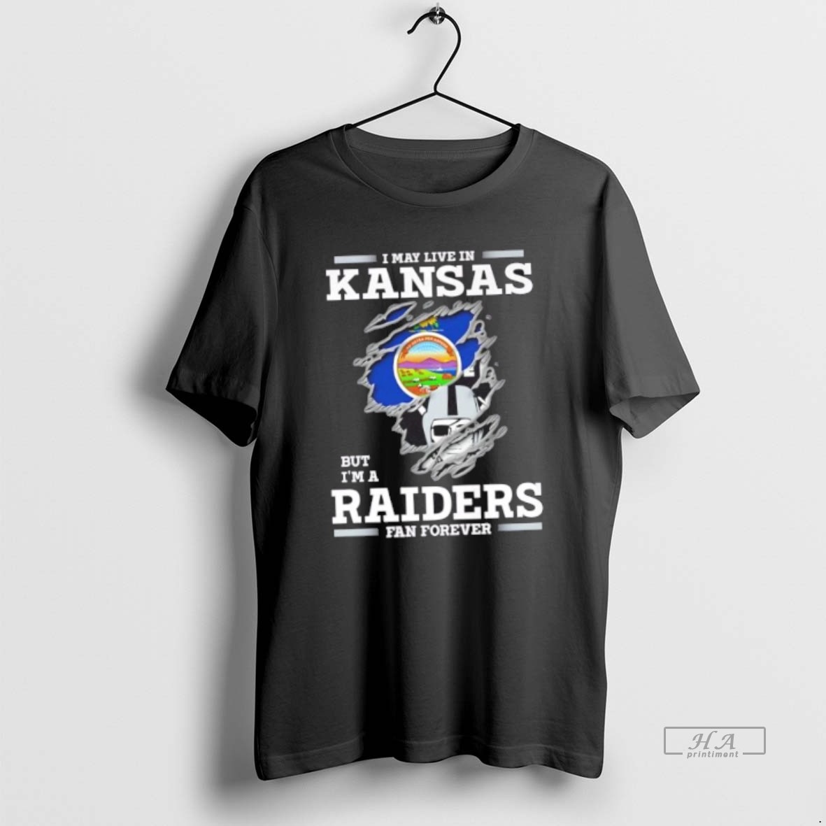 Official Funny I May Live In Kansas But Im A Raiders Fan Forever T Shirt