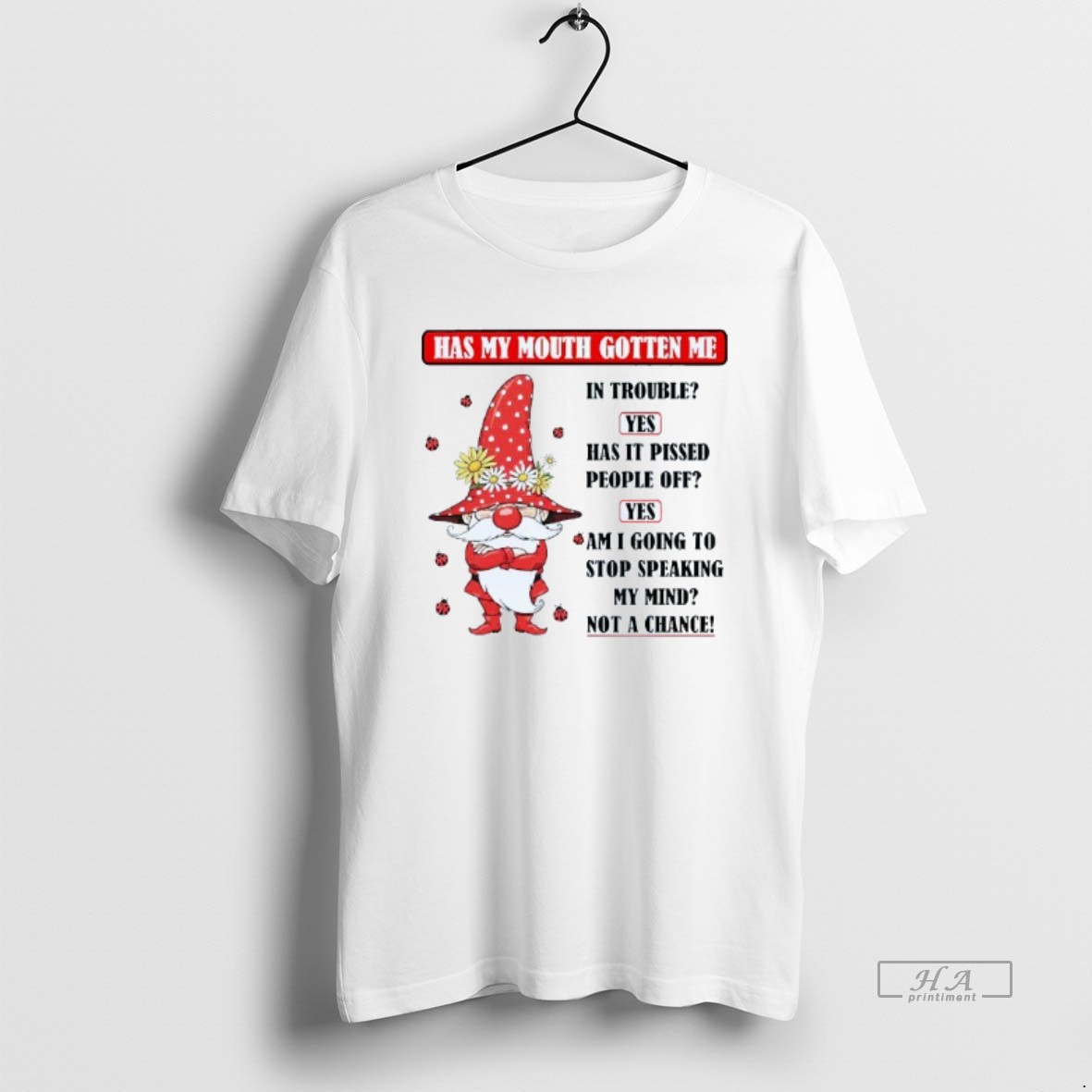 Official Gnome Has My Mouth Gotten Me In Trouble Yes Mens White Tee T Shirt