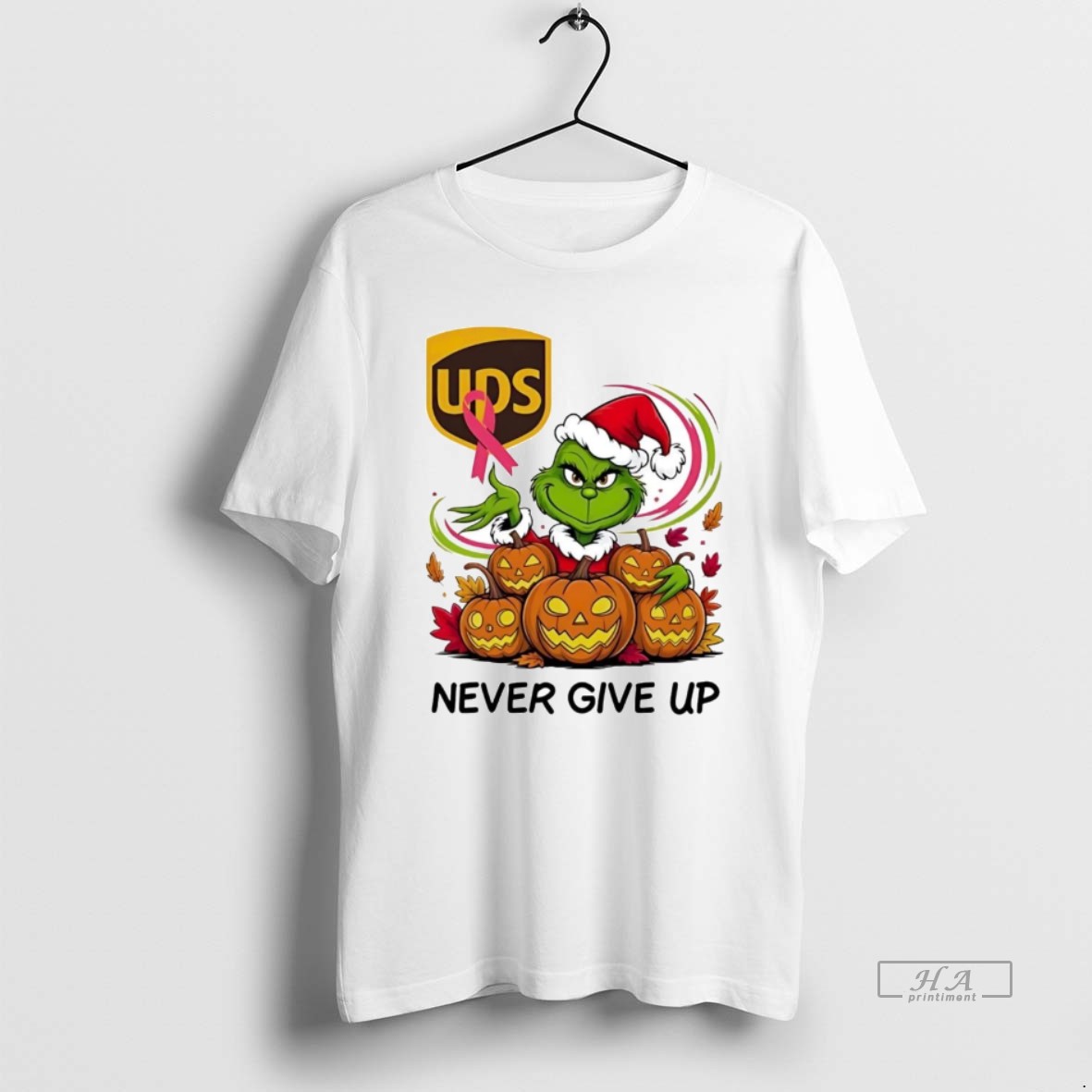 Official Grinch Pumpkin Ups Never Give Up Breast Cancer Awareness T Shirt