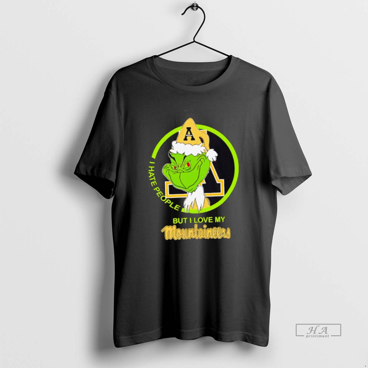 Official I Hate People But I Love My Appalachian State Mountaineer Grinch With Santa Hat Football Christmas T Shirt 1