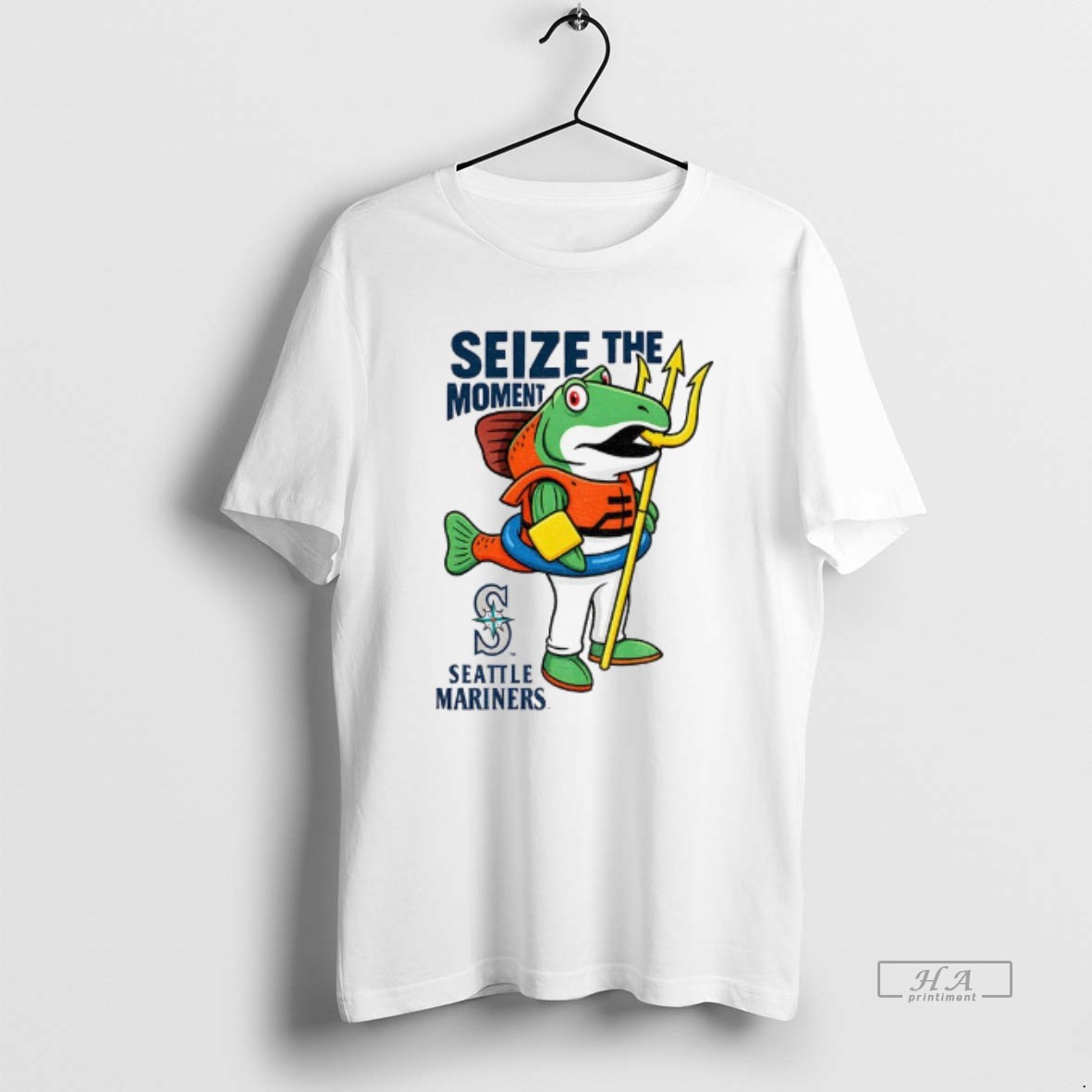 Official Seattle Mariners Humpy Salmon Holding Trident Seize The Moment Mlb Shirt