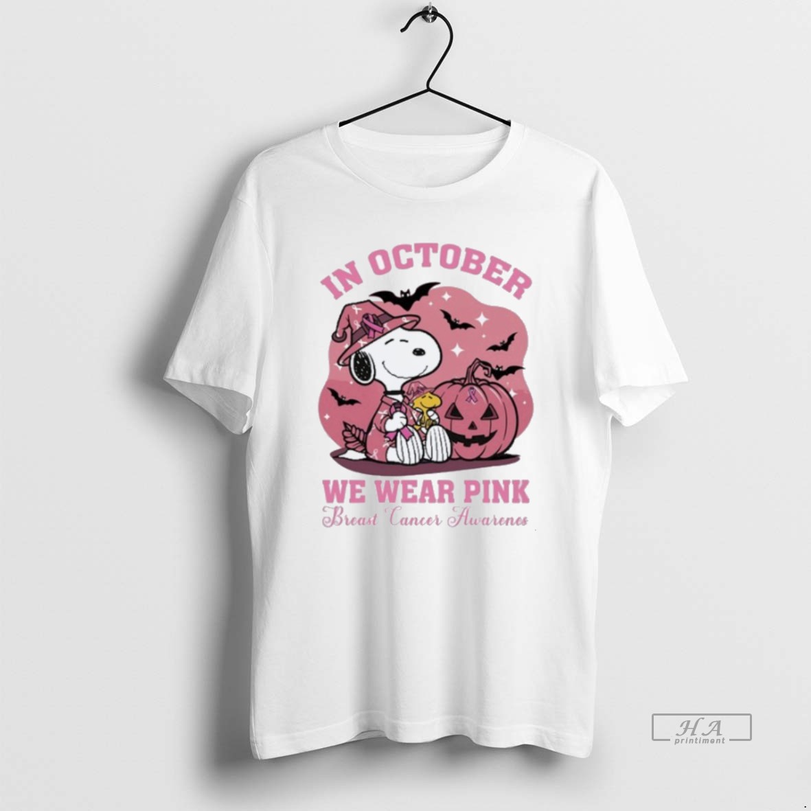 Official Snoopy The Peanuts In October We Wear Pink Breast Cancer Awareness Pumpkin Halloween Shirt