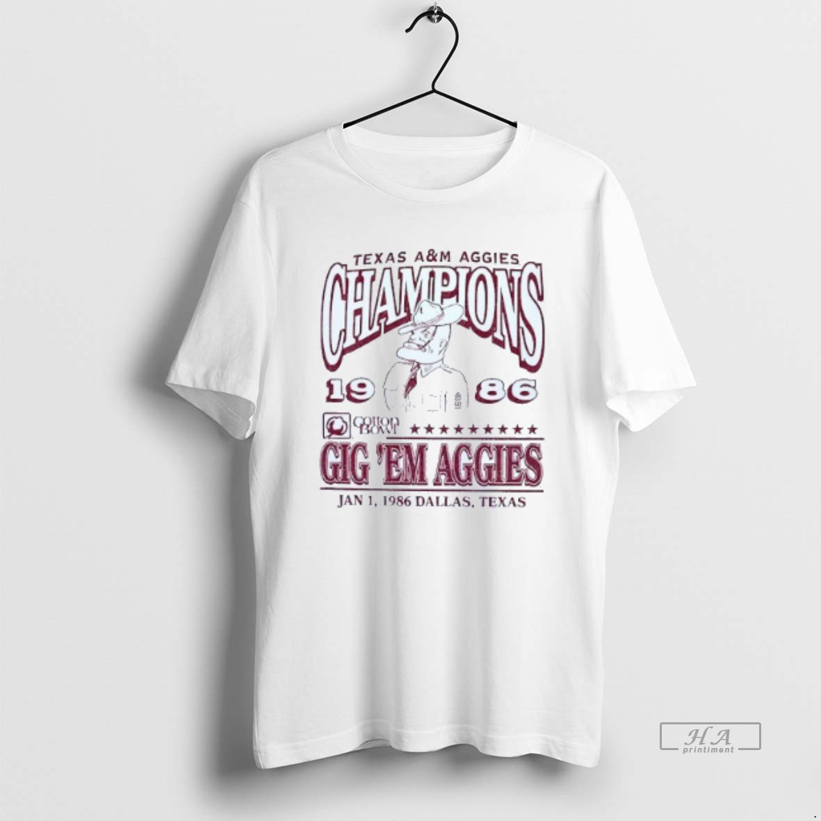 Official Texas Am Aggies 1986 Cotton Bowl Champions Gig Em Aggies Mens White Tee T Shirt