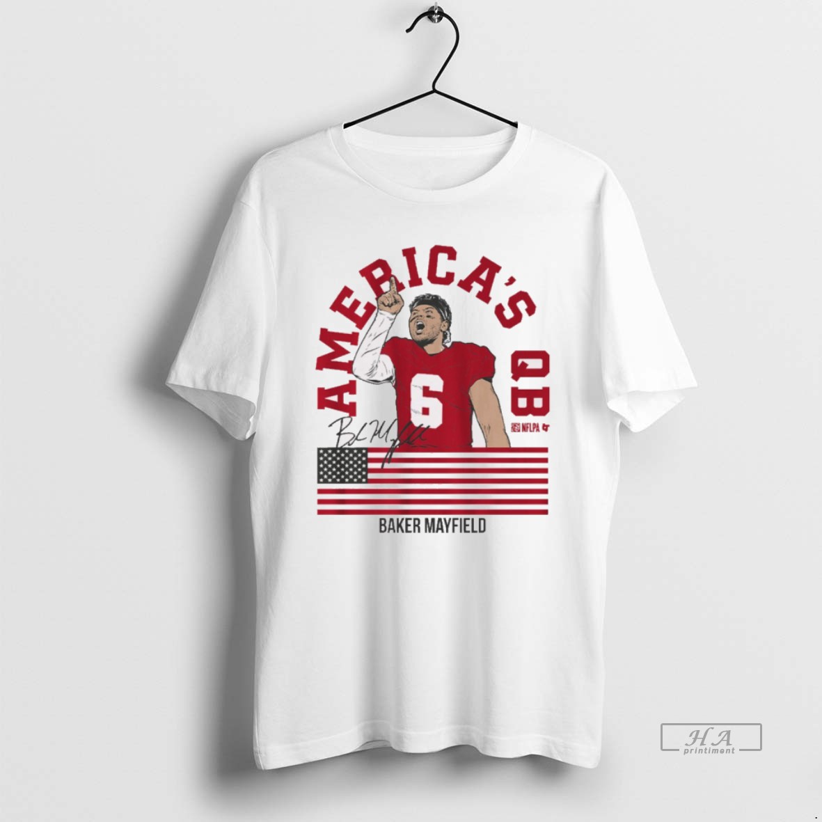 Official Trendy Baker Mayfield Americas Qb Tampa Bay Buccaneers Nfl Signature Usa Flag Fanart Tee Shirt
