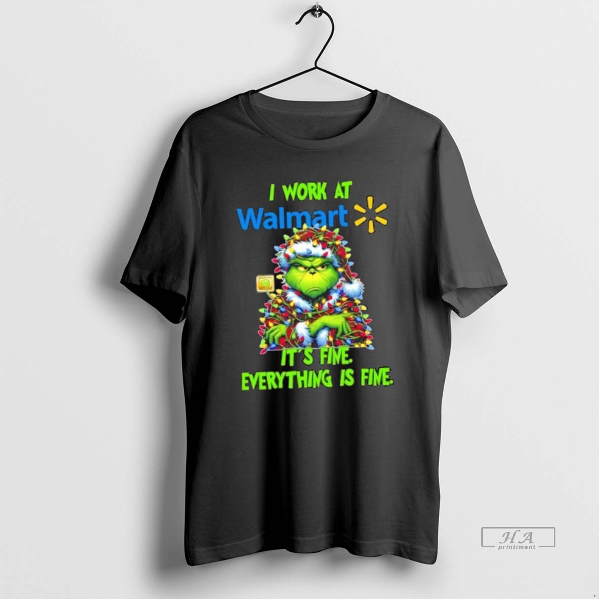 Official Trendy Grinch Christmas Tree X Walmart I Work At Its Fine Everything Is Fine Tee Shirt