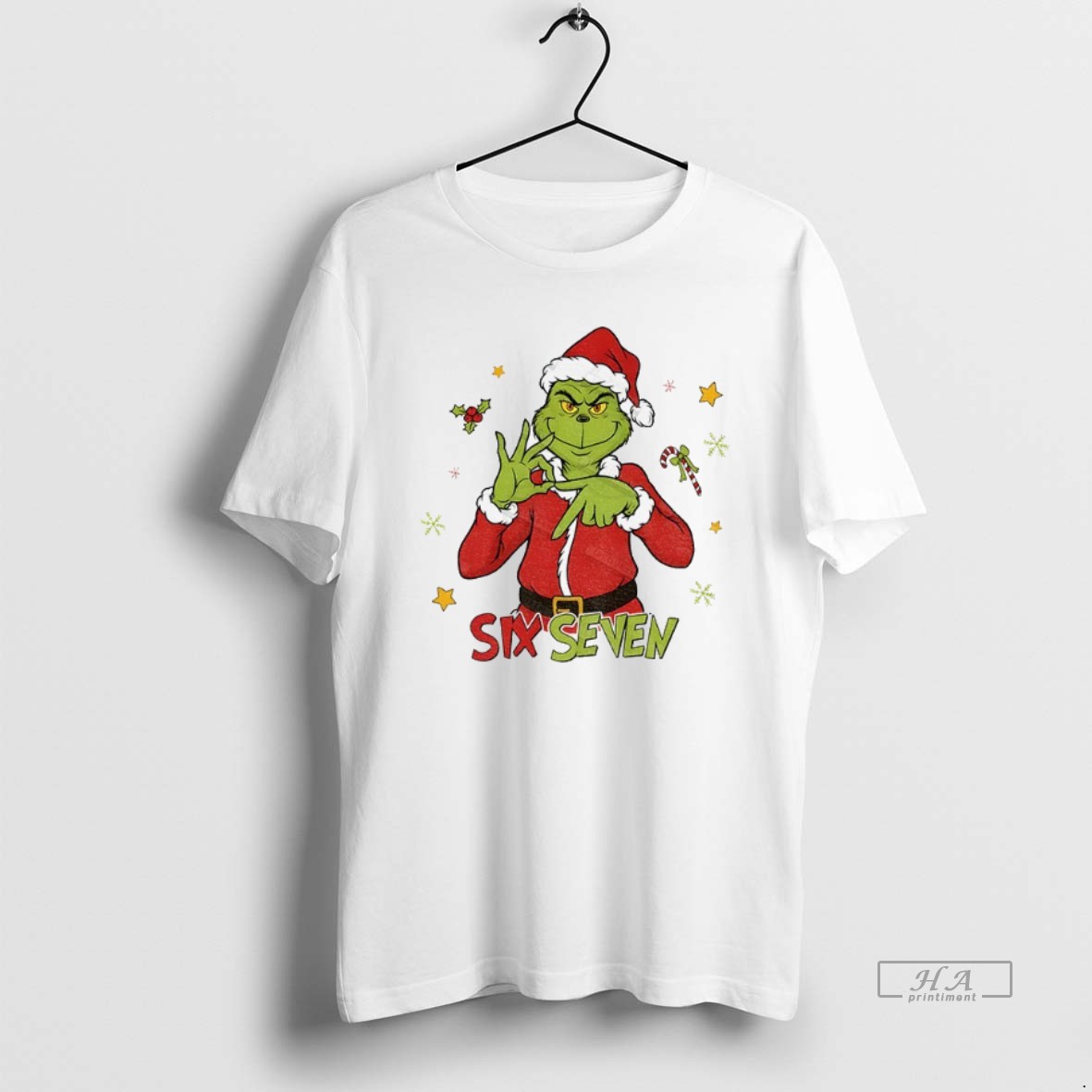 Official Trendy Grinch Santa Hat Six Seven Meme Christmas 2025 Tee Shirt