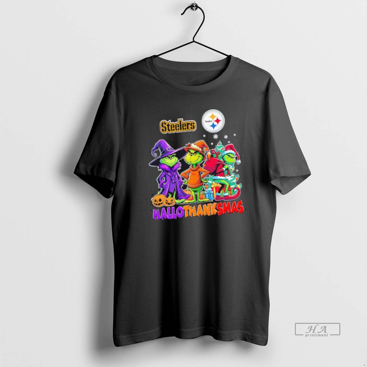 Official Trendy Hallothanksmas Grinch Pittsburgh Steelers Logo Halloween Thanksgiving Christmas Tee Shirt