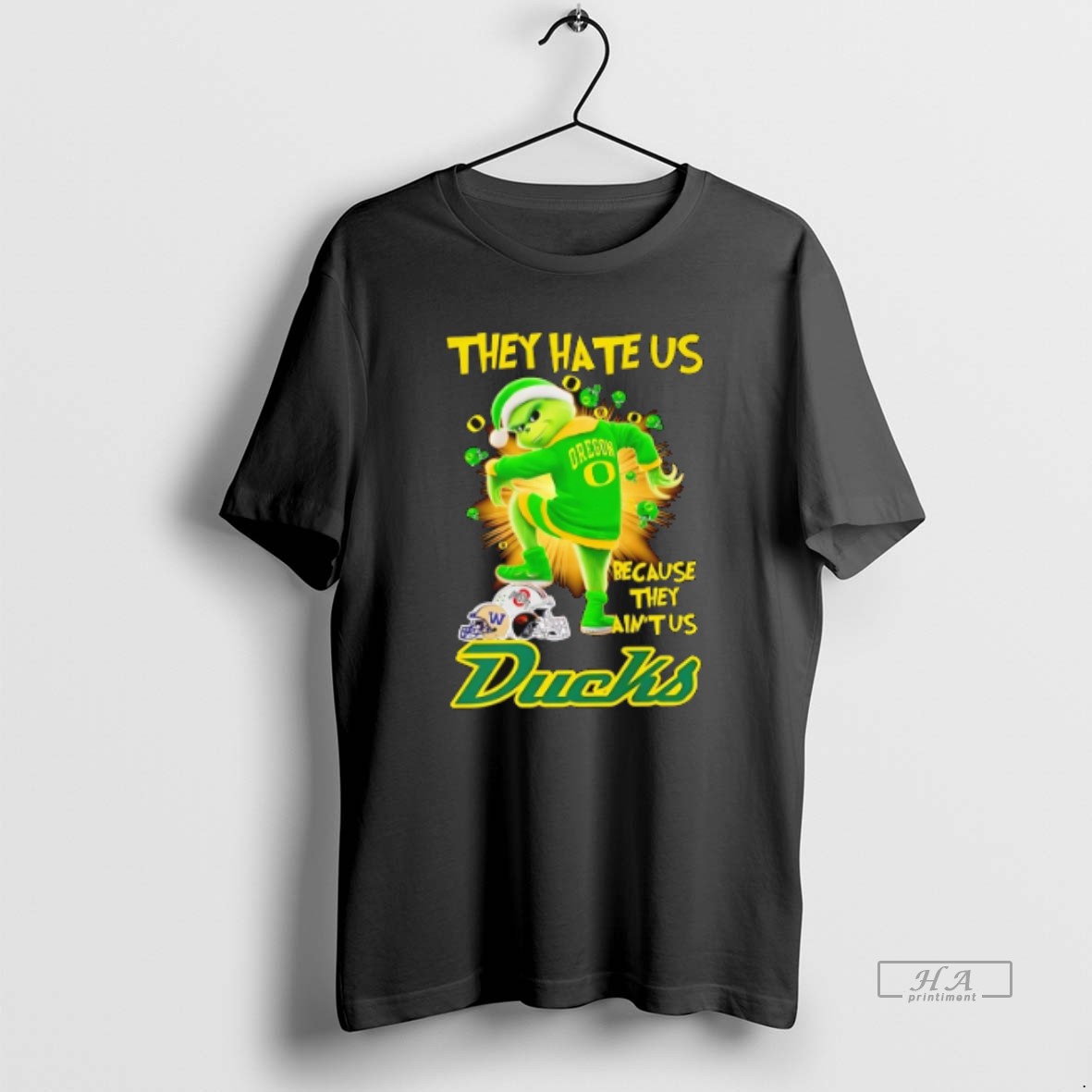 Official Trendy Oregon Ducks Grinchmas Grinch They Hate Us Because They Aint Us Tee Shirt
