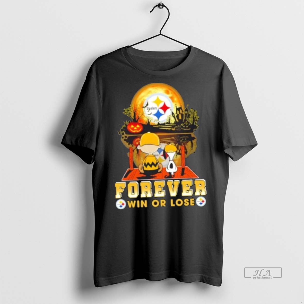 Official Trendy Peanuts Snoopy And Charlie Brown Pittsburgh Steelers Halloween Forever Win Or Lose Skyline Tee Sweater Hoodie