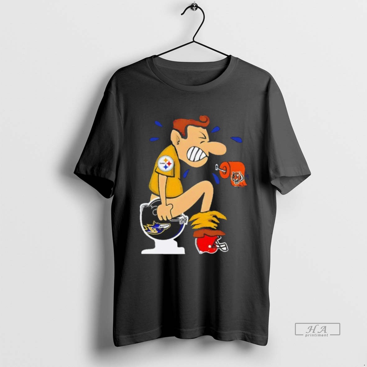 Official Trendy Pittsburgh Steelers Man Toilet On Baltimore Ravens Helmet Foot On Browns Blackshirt Tee Sweater Hoodie