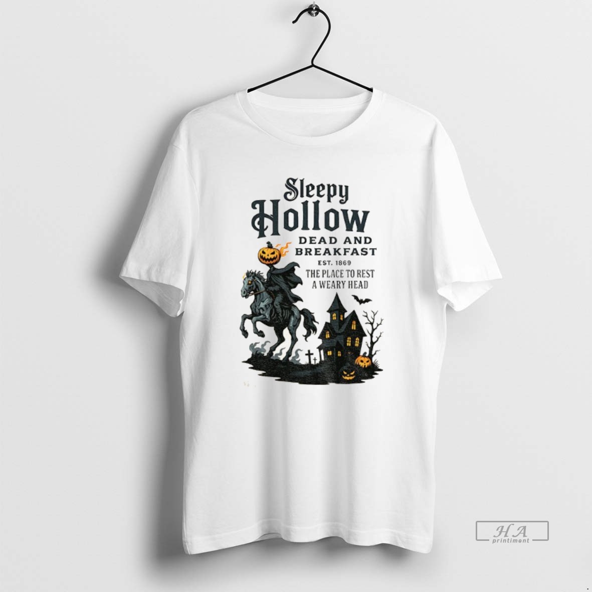 Official Trendy Sleepy Hollow Dead And Breakfast Est 1869 The Place To Rest A Weary Head Halloween Tee Shirt