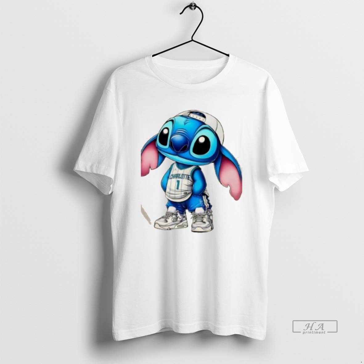 Official Trendy Stitch Wearing Charlotte Hornets Hip Hop Style Tee Shirt