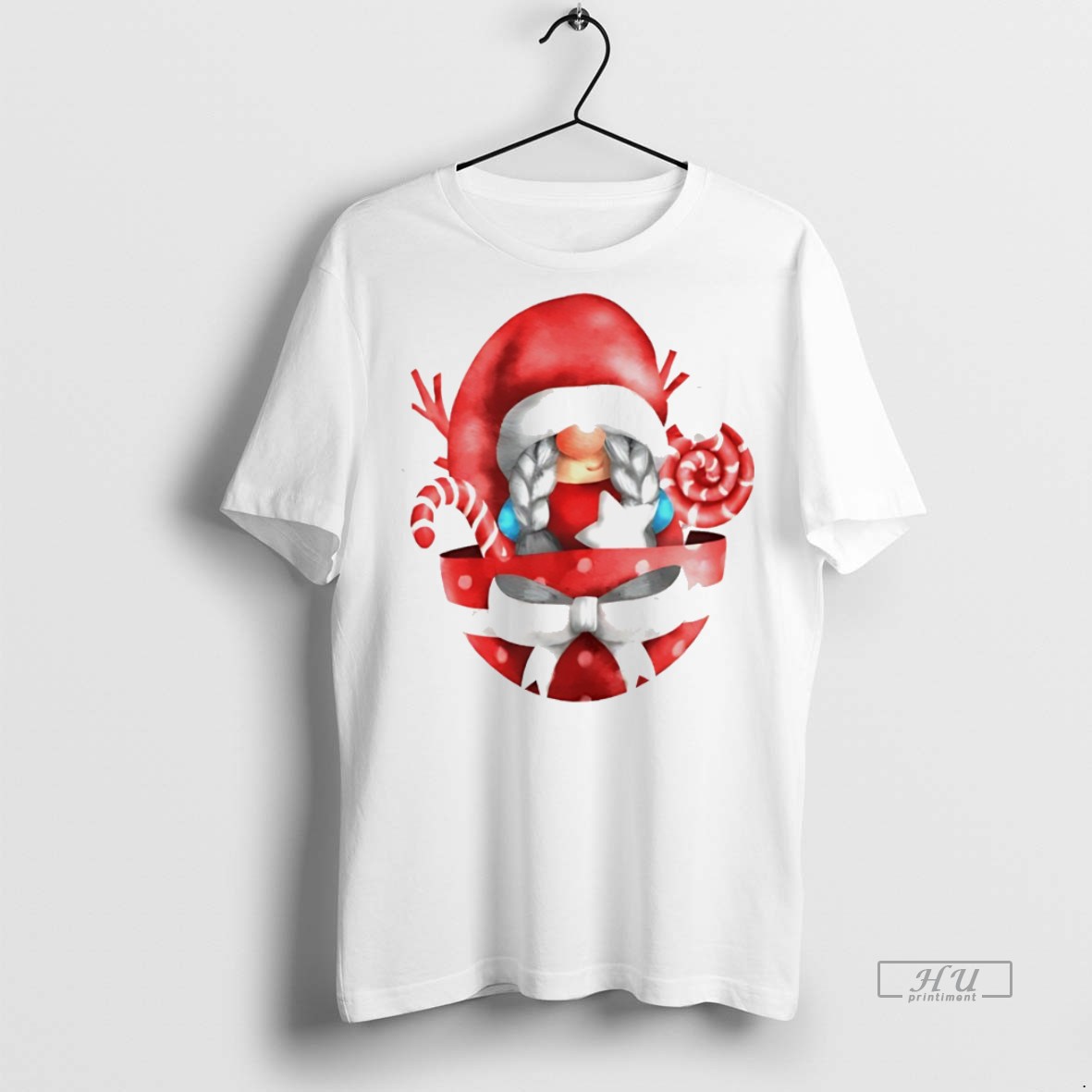 Officials Cute Gnome Girl In Gift Box Candy Cane Bow Christmas White Graphic Tee Shirt Sweater Hoodie