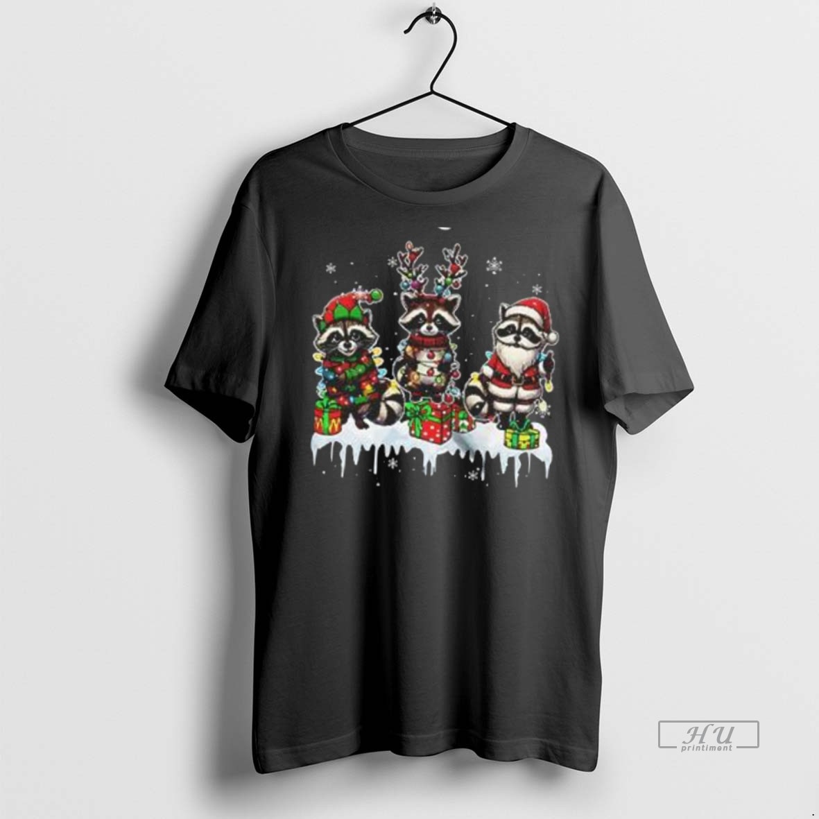 Officials Three Elf Reindeer Santa Raccoons Lovely Christmas Lights Animal Premium Tee Shirt Sweater Hoodie