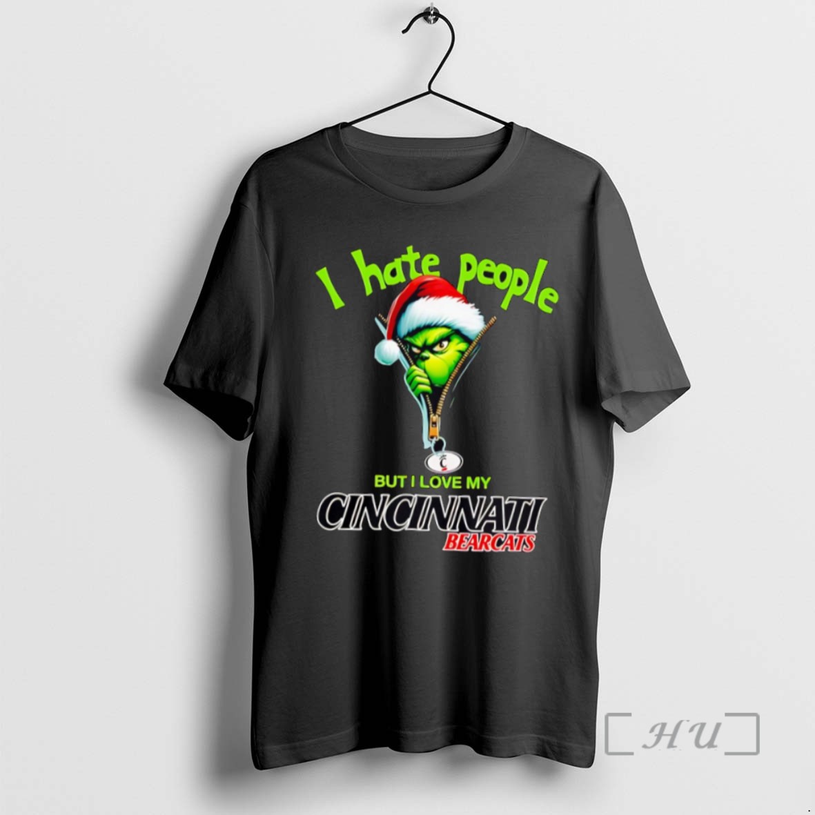 Officials Top Grinch Santa Hat I Hate People But I Love My Cincinnati Bearcats Christmas Logo Clothing T Shirt Sweater Hoodie