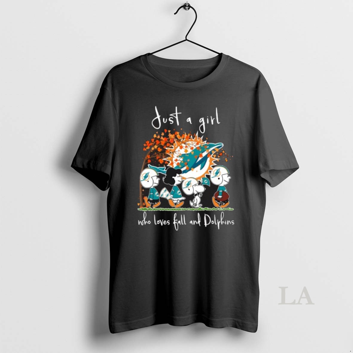 Original 2025 Peanuts Characters Just A Girl Who Loves Fall And Miami Dolphins Shirt