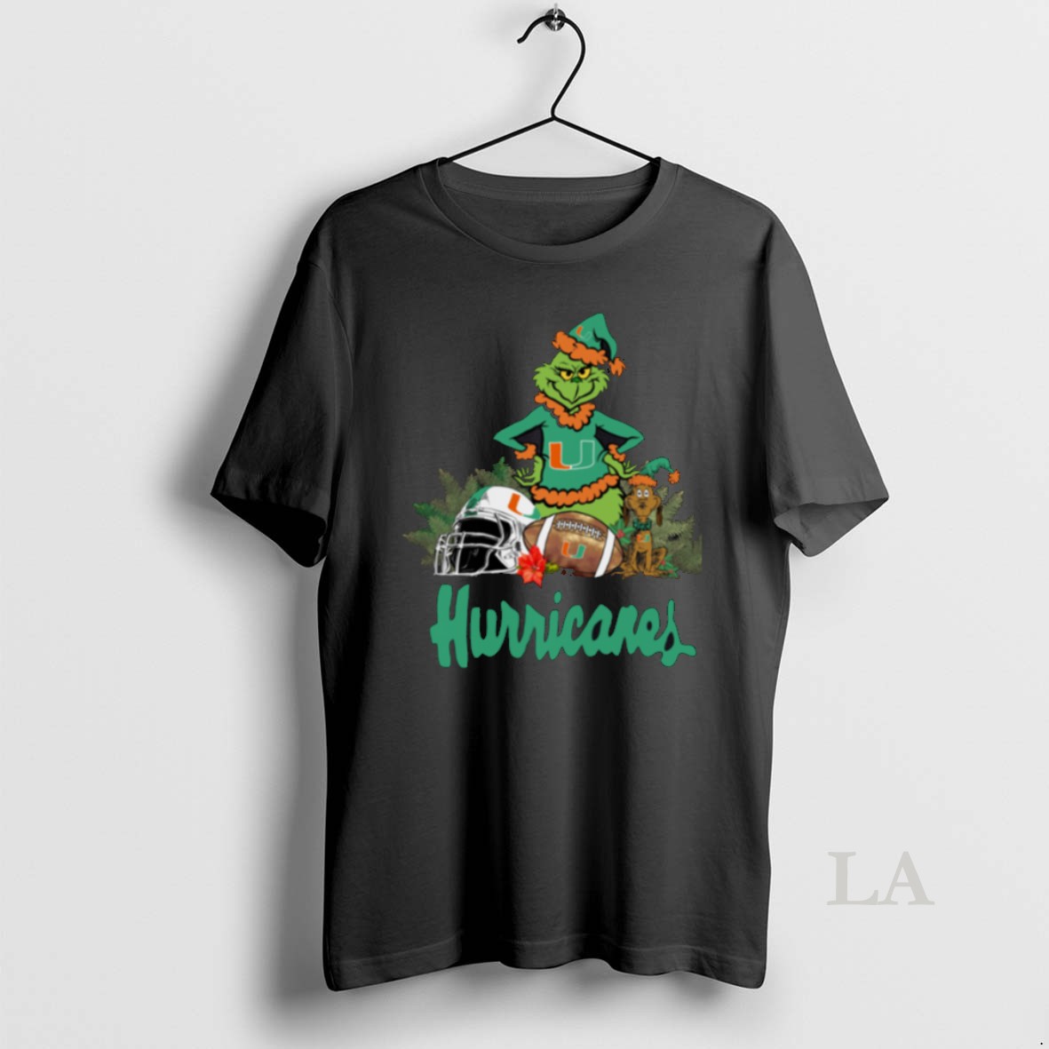 Original Grinch Hat Santa And Dog Rugby Helmet Miami Hurricanes Logo Merry Christmas Black0 Shirt