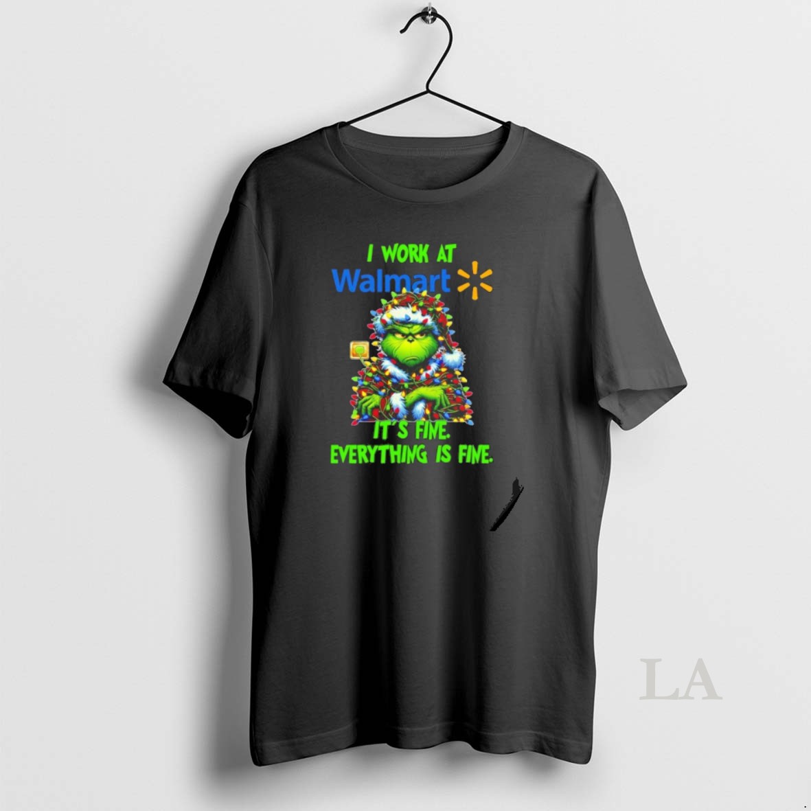 Original Grinch Santa I Work At Walmart Its Fine Everything Is Fine Christmas Lights Shirt