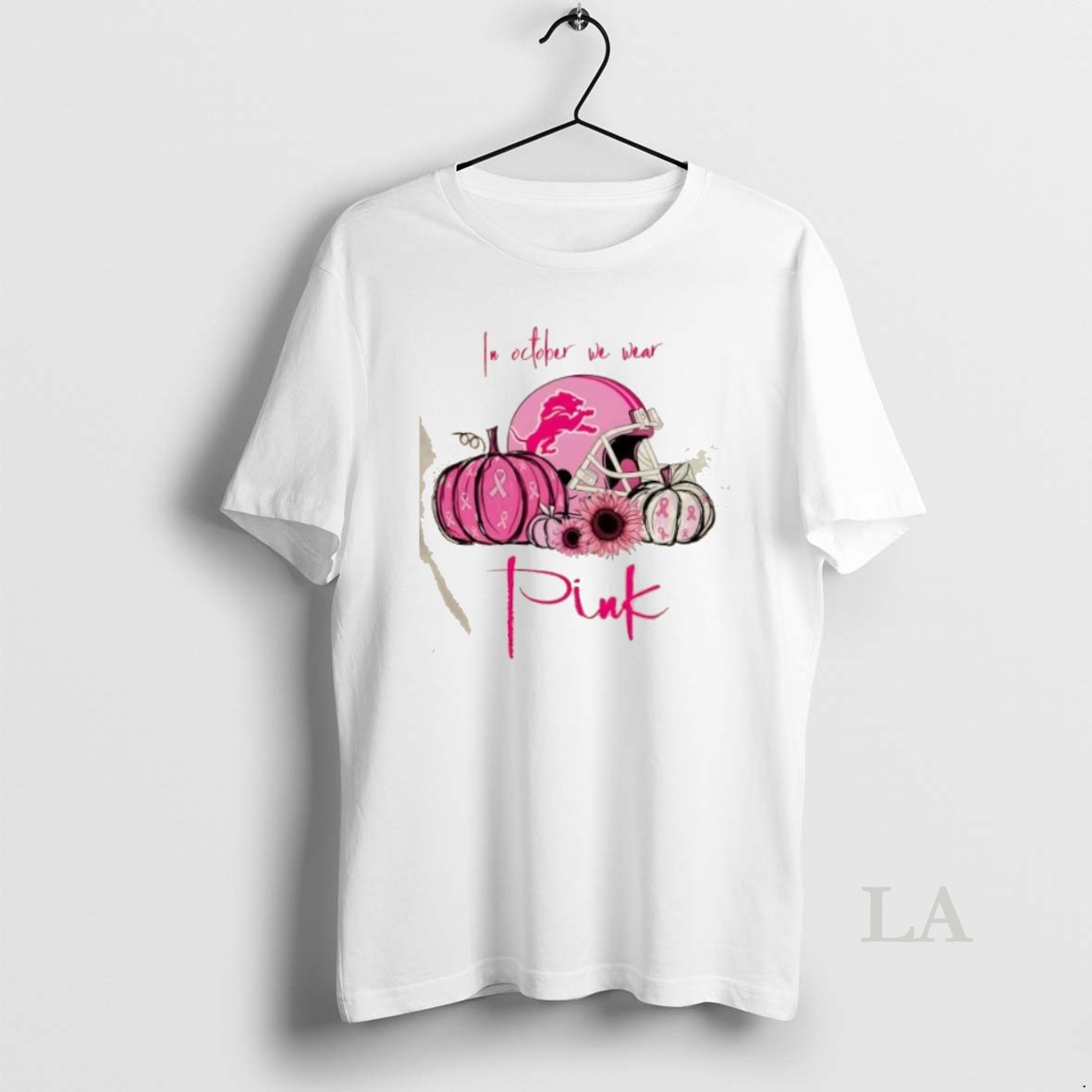 Original In October We Wear Pink Detroit Lions Football Helmet Shirt