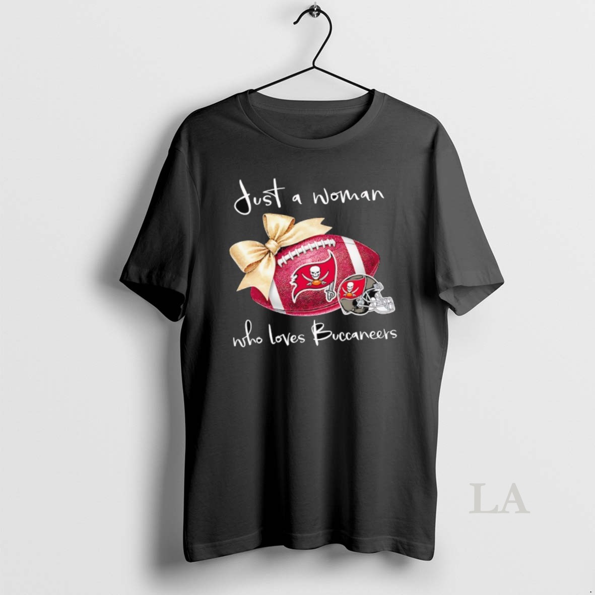 Original Just A Woman Who Loves Tampa Bay Buccaneers Gold Bow Helmet Shirt