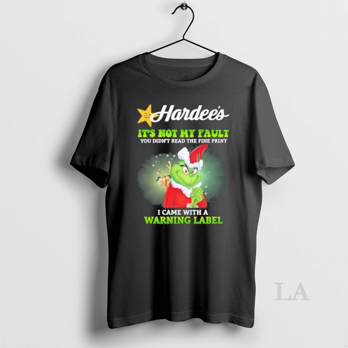 Original Santa Grinch X Hardees Logo Its Not My Fault I Came With A Warning Label 2025 Shirt