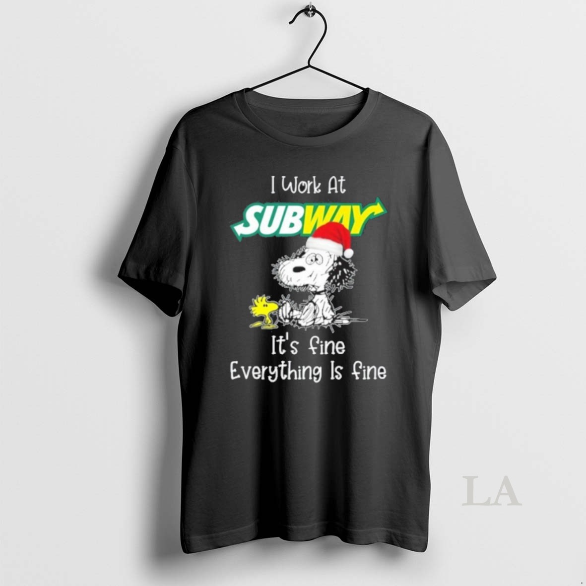 Original Santa Snoopy And Woodstock To Work At Subway Logo Its Fine Everything Is Fine Shirt