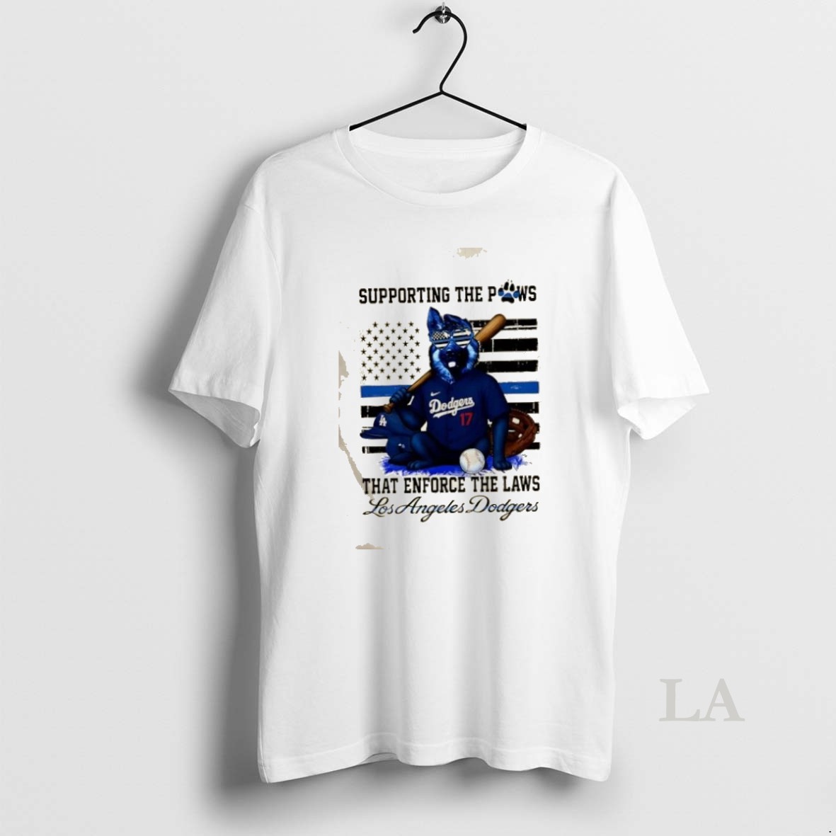 Original Supporting The Paws That Enforce The Laws Los Angeles Dodgers Dog Us Flag Shirt