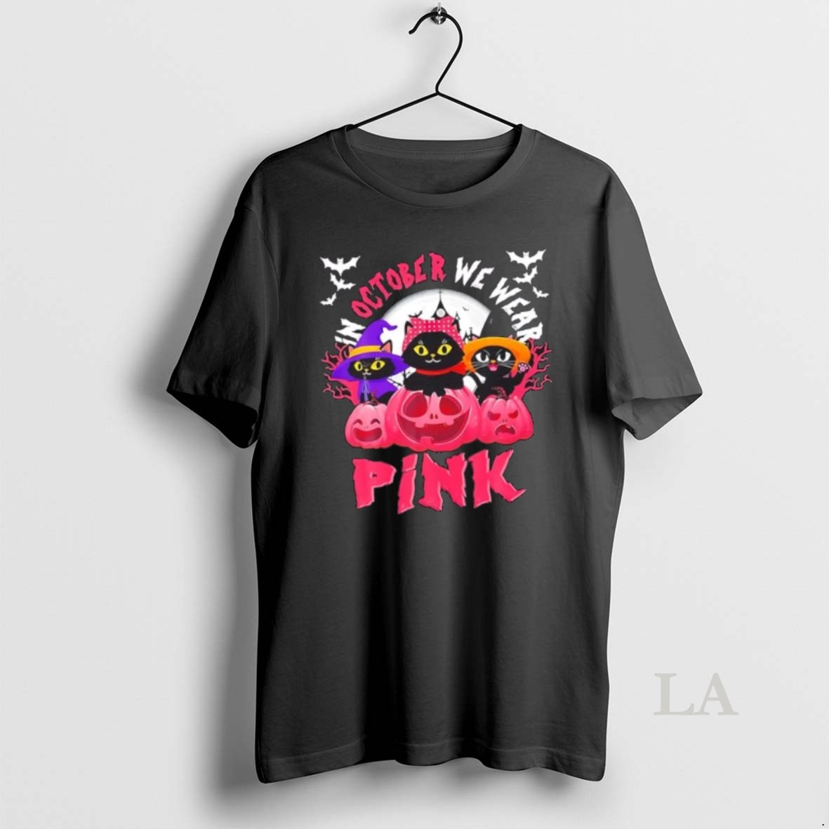 Original Three Black Cats In October We Wear Pink Witch Pum Halloween Shirt