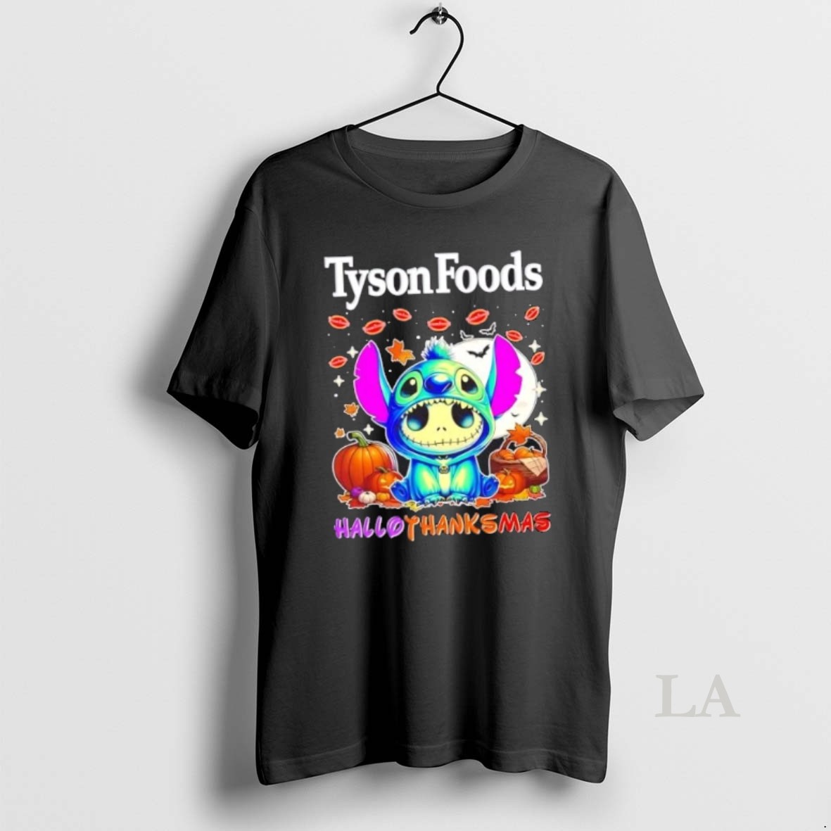 Original Tyson Foods With Jack Skellington Cosplay Stitch Happy Hallothanksmas Shirt