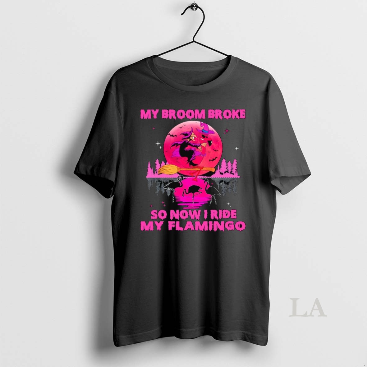 Original Witch My Broom Broke So Now I Ride My Flamingo Halloween Shirt