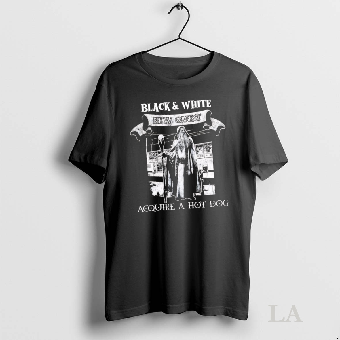 Original Wizard Black White New Quest Acquire A Hot Dog Shirt