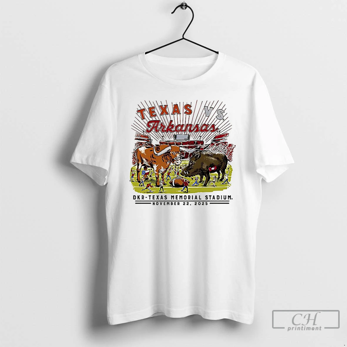 Premium Arkansas Razorbacks Vs Texas Longhorns Nfl 2025 Game Day Darrell K Royal Stadium T Shirts