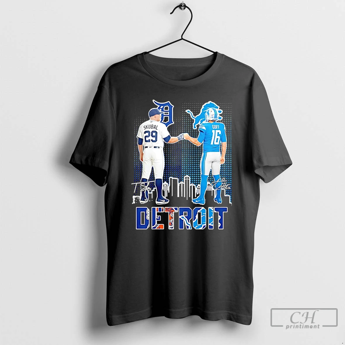 Premium Detroit Tigers Tarik Skubal Vs Detroit Lions Jared Goff Skyline Signature T Shirts Hoodie