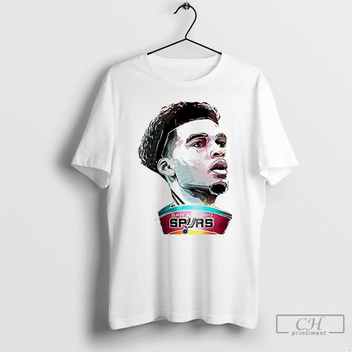 Premium San Antonio Spurs Victor Wembanyama Cartoon Illustration Portrait 1 Sided T Shirts