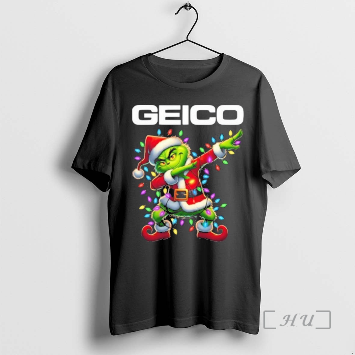 Trending Geico Logo X Grinch Dabbing Light Christmas Premium T Shirt Sweater Hoodie