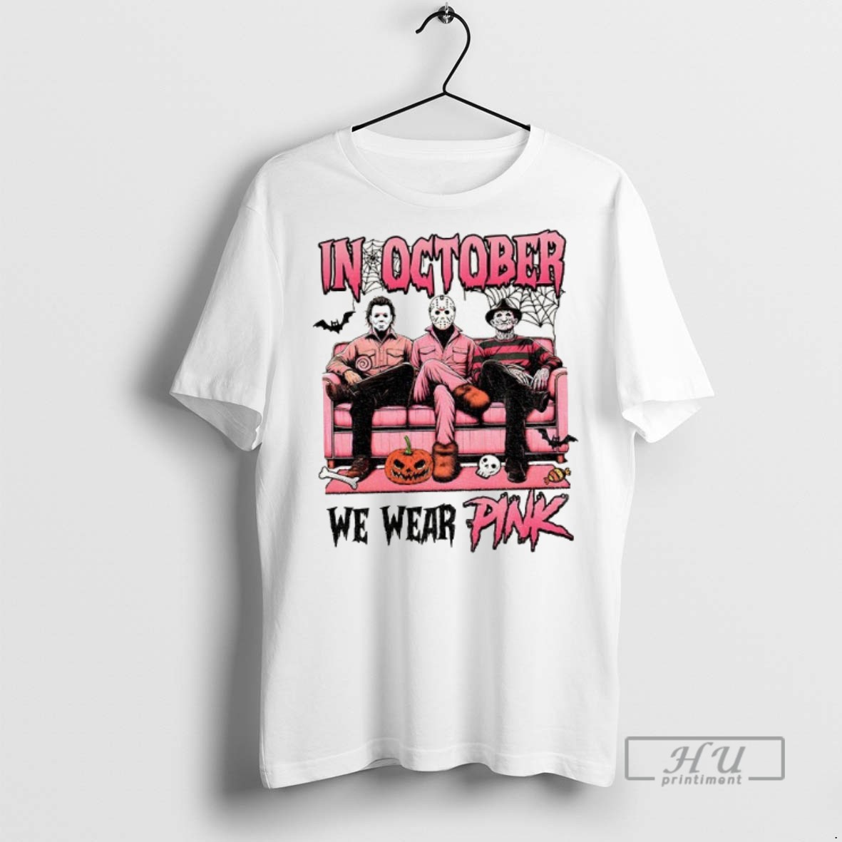 Trending Michael Myers Jason Voorhees Freddy Krueger Spooky Season In October We Wear Pink Halloween T Shirt Sweatshirt