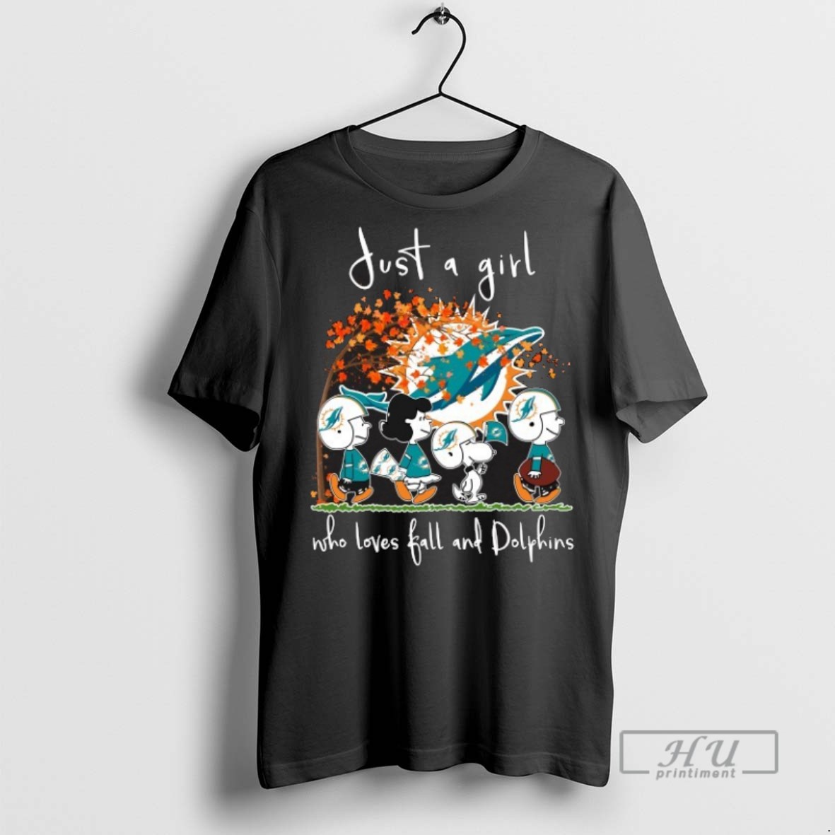 Trending Officials 2025 Peanuts Characters Just A Girl Who Loves Fall And Miami Dolphins T Shirt Sweatshirt Hoodies