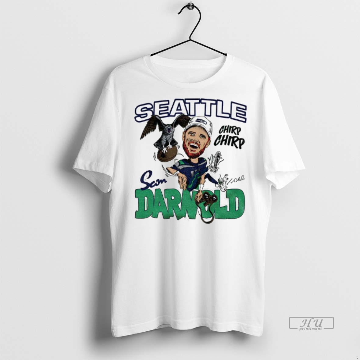 Trending Sam Darnold Seattle Seahawks Caricature Player Chirp Chirp Signature Graphic Tee Shirt Sweater Hoodie