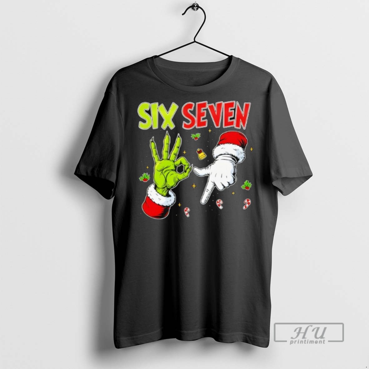 Trending The Grinch And Santa Hands Six Seven Christmas Graphic Tee Shirt Sweatshirt Hoodies