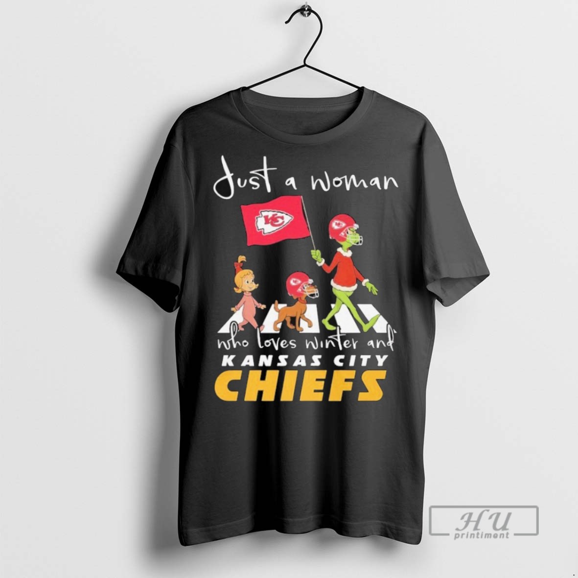 Trending The Grinch Just A Woman Who Loves Winter And Kansas City Chiefs Christmas Road Abbey T Shirt Sweatshirt