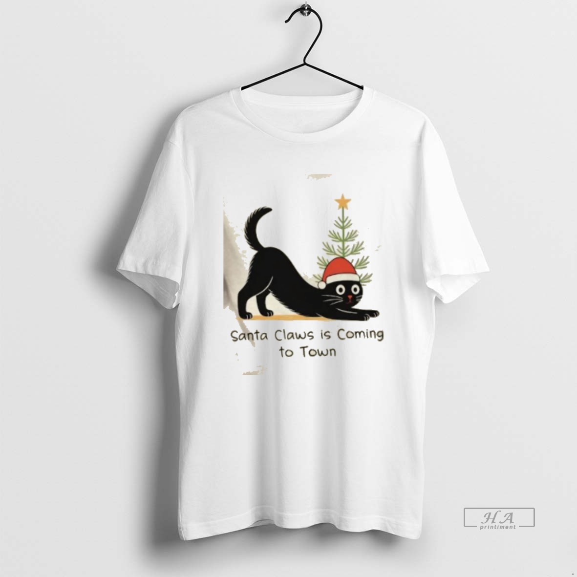 Trendy Black Cat Santa Claws Christmas Tree Tee Shirt