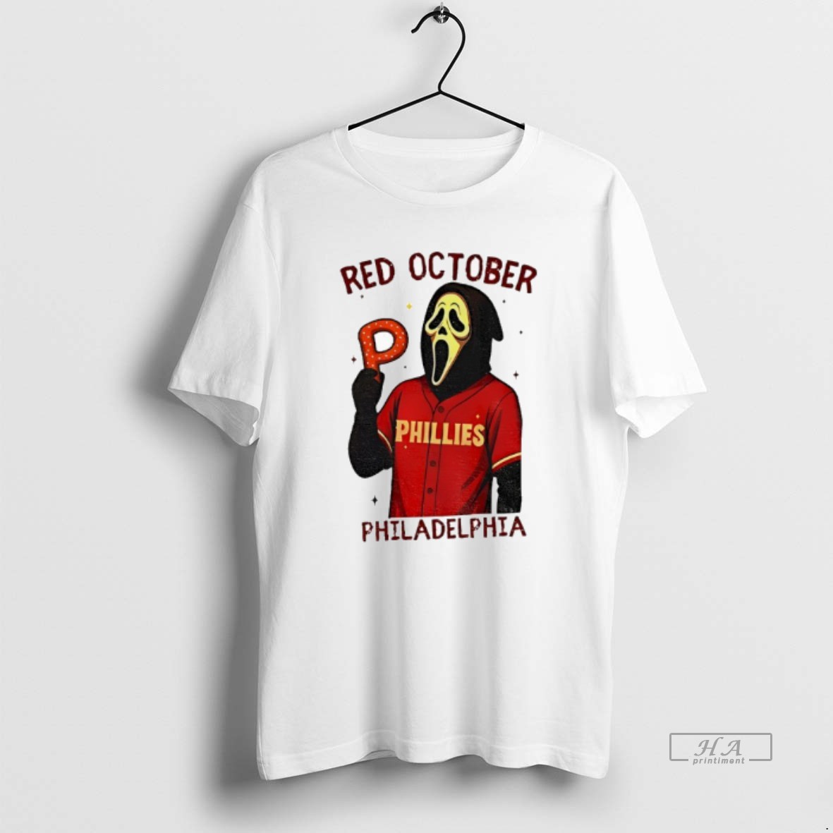 Trendy Ghost Face Phillies Red October Philadelphia Baseball Halloween Tee Shirt
