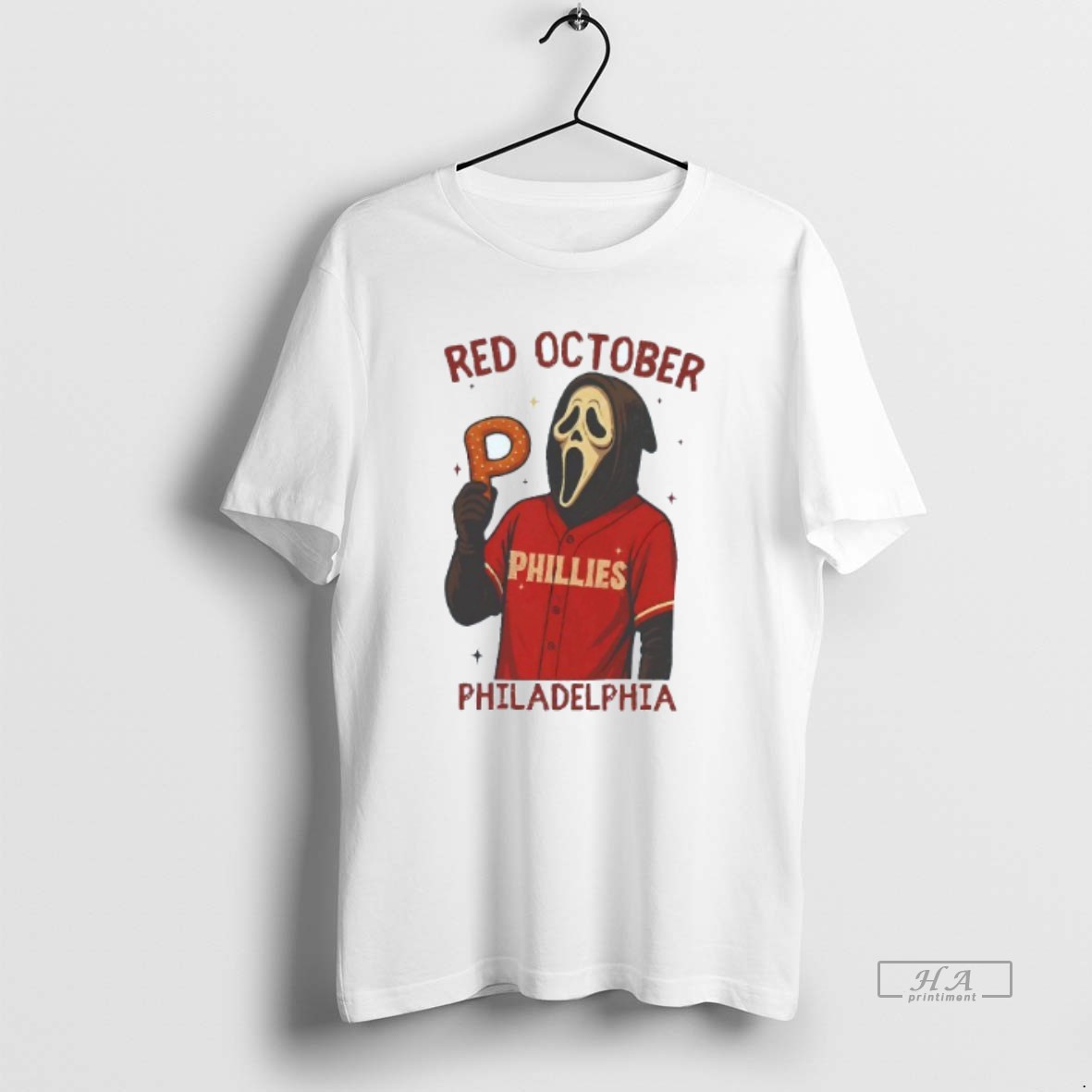 Trendy Ghost Face With P Donut Red October Philadelphia Phillies Mens White Tee Tee Shirt