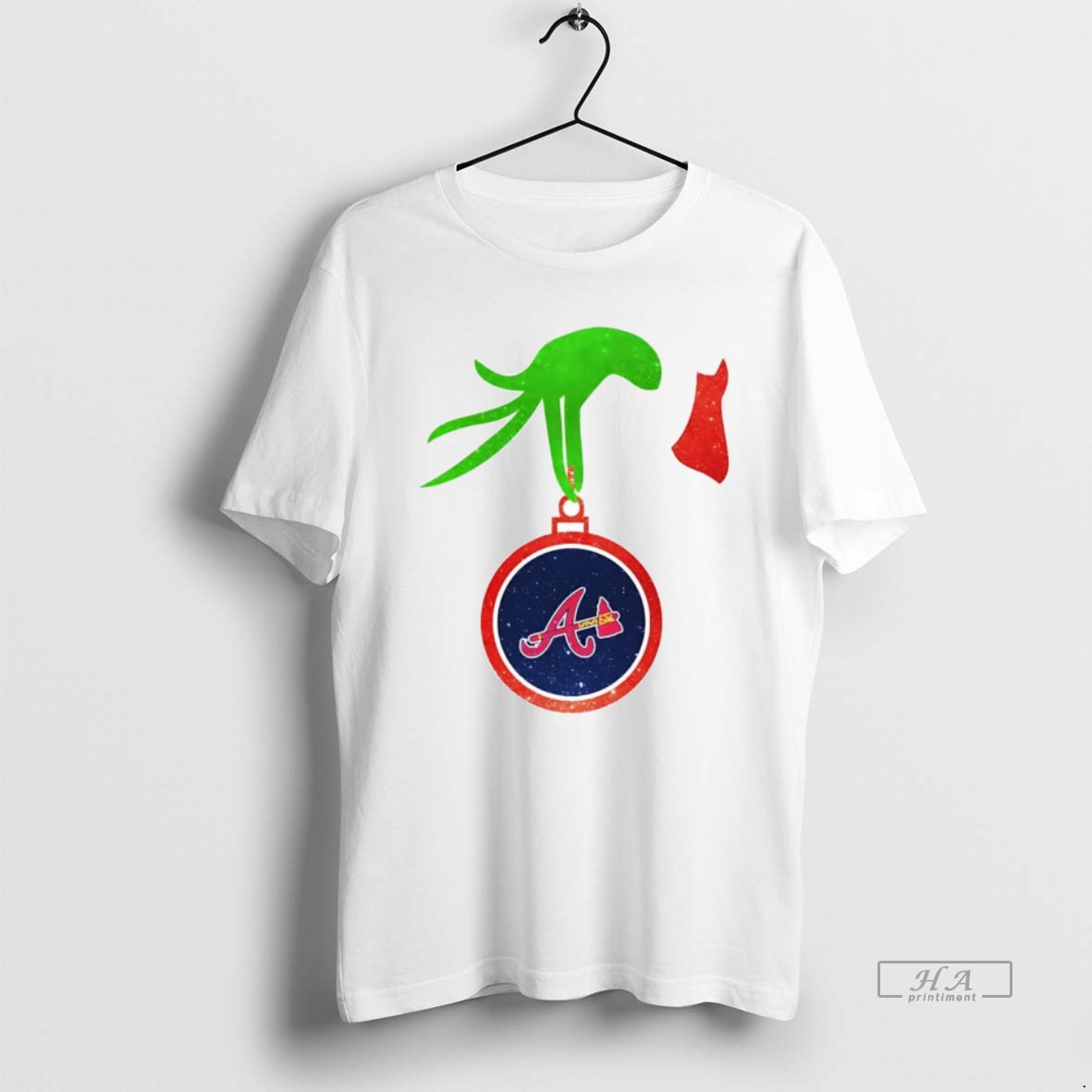 Trendy Grinch Hand Holding Atlanta Braves Christmas Tee Shirt