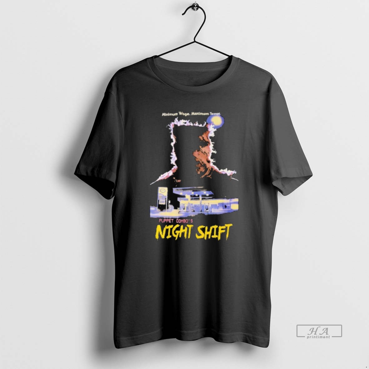 Trendy Minimum Wage Maximum Terror Puppet Combos Night Shift Horror Halloween Tee Shirt