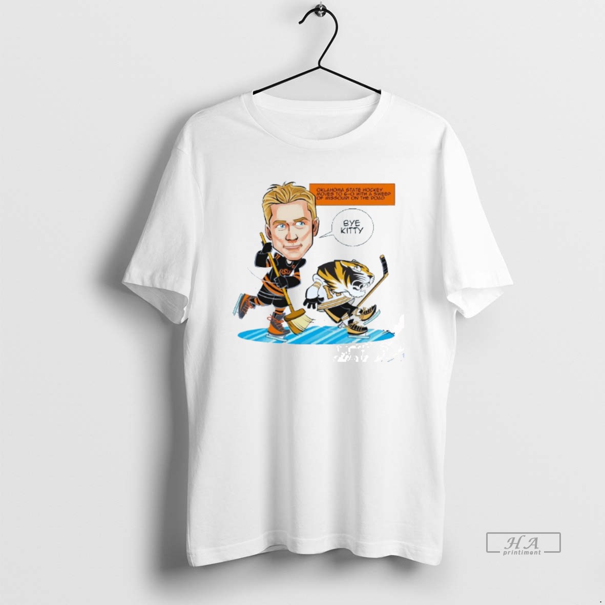 Trendy Oklahoma State Hockey Moves To G O With A Sweep Of Missouri Tigers On The Road Caricatures Mens White Tee Tee Shirt